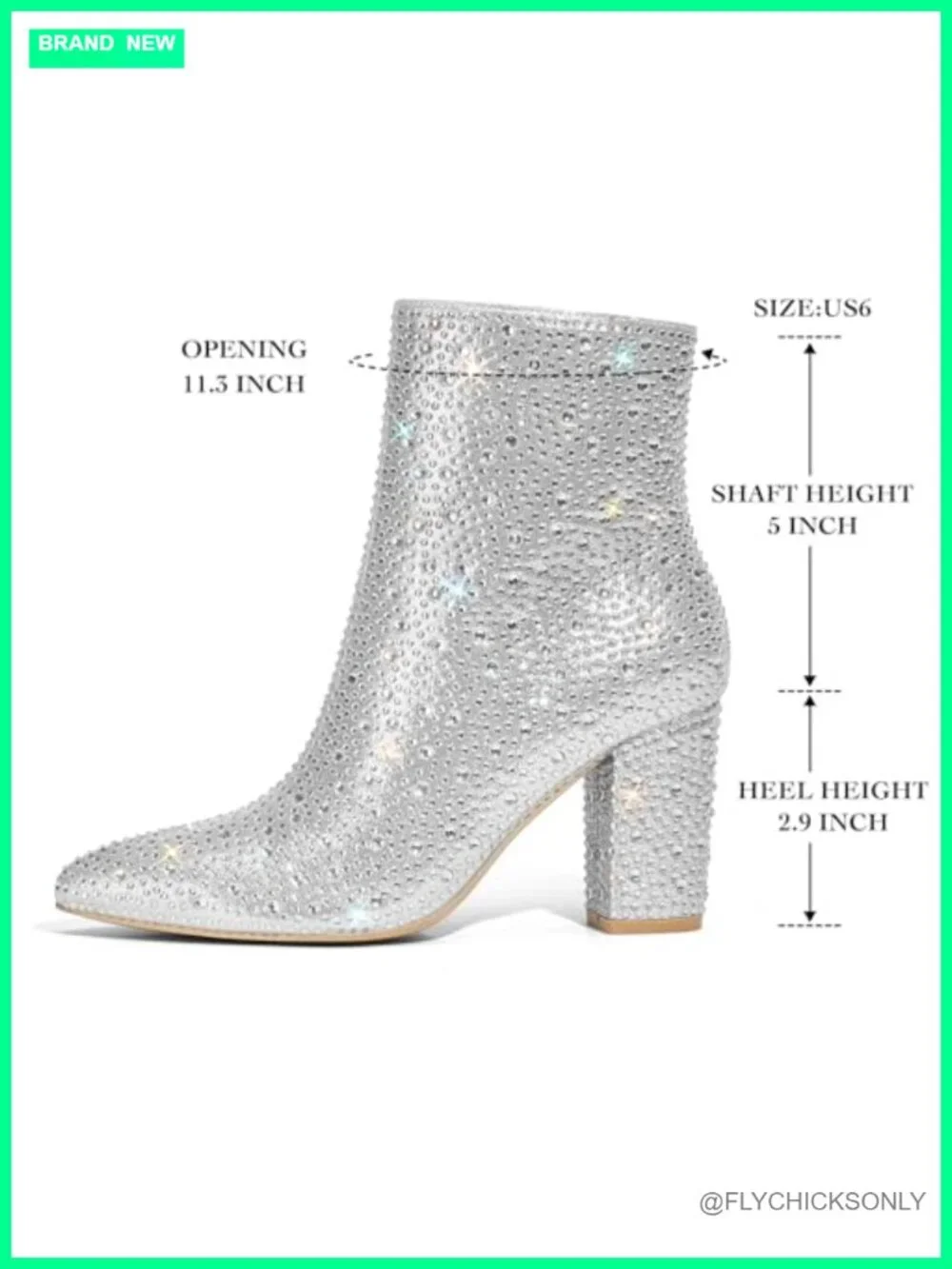 Rhinestone Ankle Booties Pointed Toe Block Heel Side Zip Party